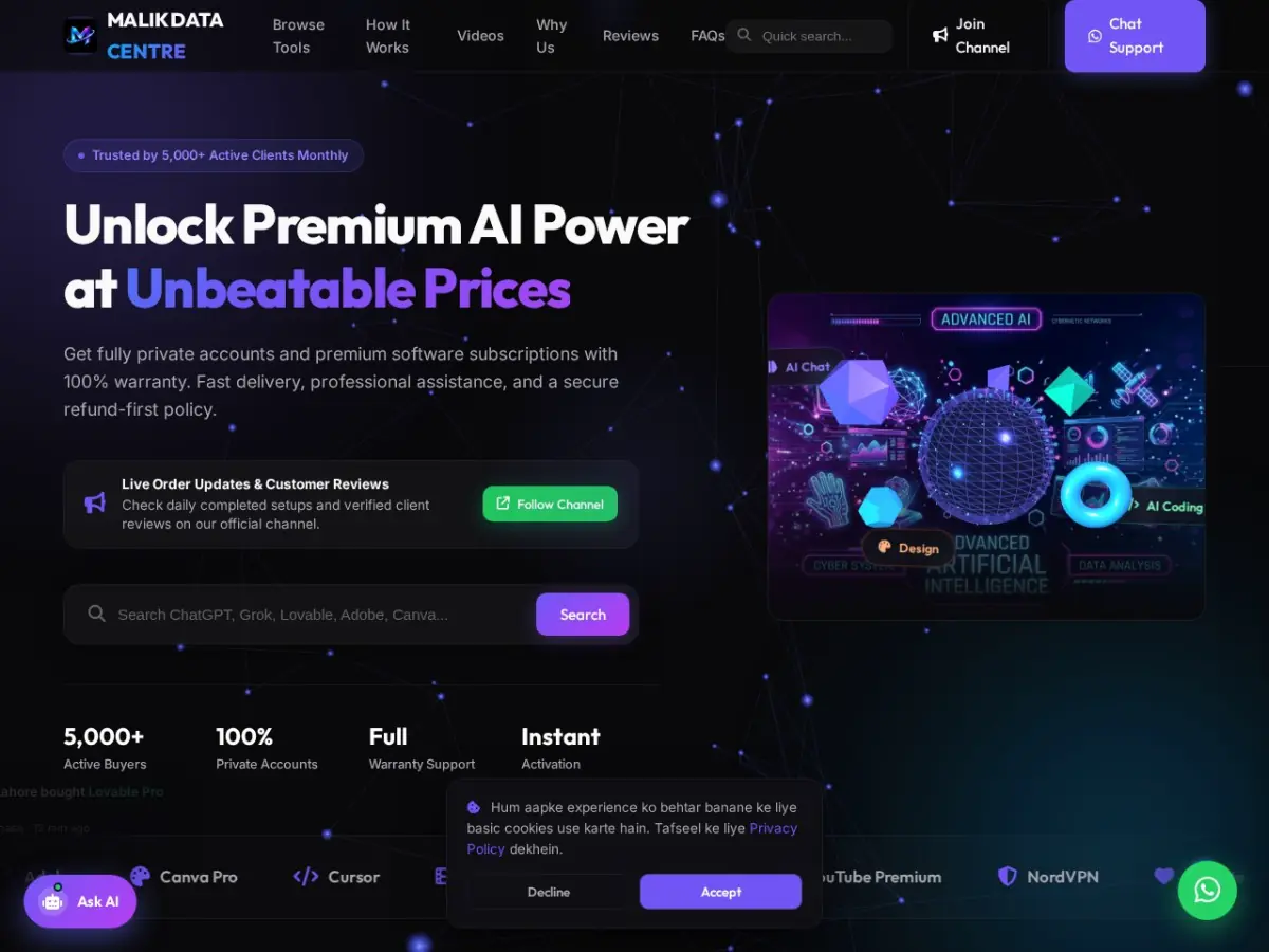 Malik Data Centre live website homepage